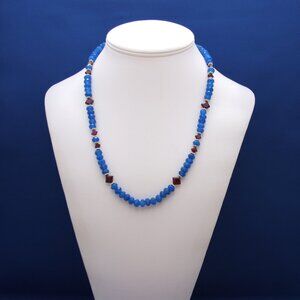 Vintage Cobalt Blue Chalcedony, Garnet, and Bali Silver Necklace
